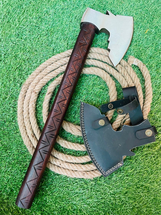 24 Inch Handcrafted Steel Axe Viking Tomahawk Axe for Camping With Leather Sheath