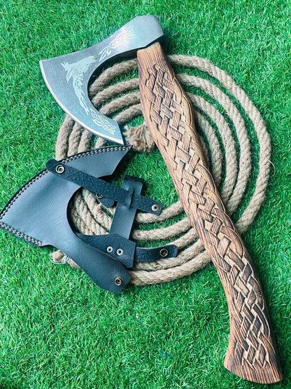 24 Inch Handmade Carbon Steel Axe Viking Bearded Axe with Wooden Handle & Sheath 