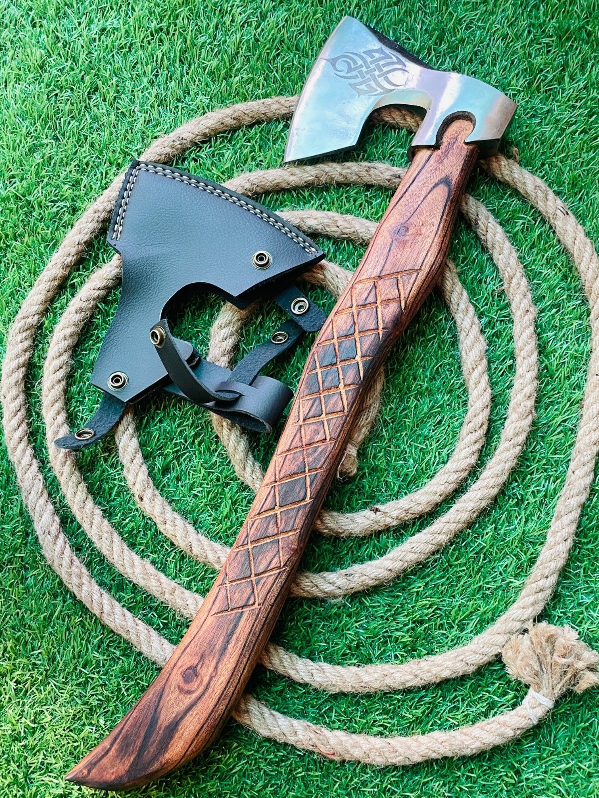 24 Inch Handmade Steel Axe Viking Tomahawk Axe with Wooden Handle & Leather Sheath