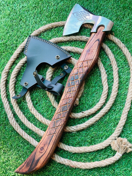 24 Inch Handmade Steel Axe Viking Tomahawk Axe with Wooden Handle & Leather Sheath