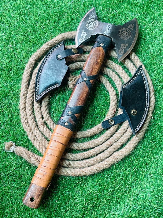27" Handmade Carbon Steel Viking Double Head Bearded Tomahawk Axe with Wooden Handle and Leather Sheath