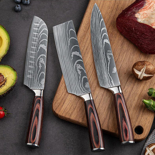 3-Piece Japanese Damascus Pattern Stainless Steel Kitchen Chef Knife Set