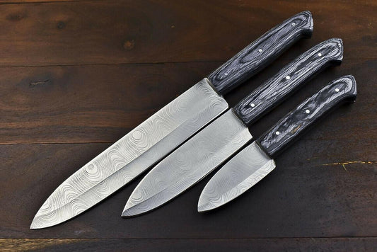 3-Piece Handmade Damascus Chef Knife Set – Twisted Pattern, Pakka Wood Handle, 8" Blades