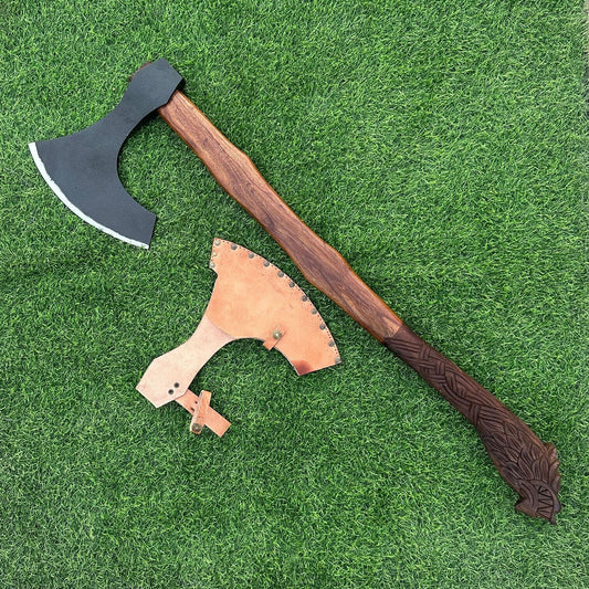 35 Inch Handmade Forged Viking Bearded Axe Steel Axe with Wooden Handle & Sheath