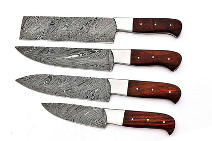 4-Piece Handmade Damascus Chef Knife Set – BBQ & Kitchen Knives with Rosewood Handle and Leather Sheath