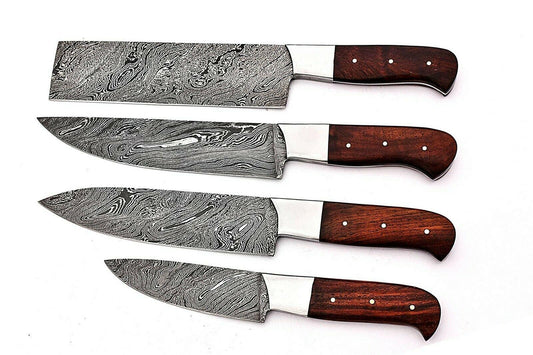 4-Piece Handmade Damascus Chef Knife Set – BBQ & Kitchen Knives with Rosewood Handle and Leather Sheath