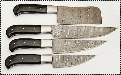 4-Piece Handmade Damascus Chef Knife Set – Japanese Style Kitchen Knives with Horn Handle & Steel Bolster