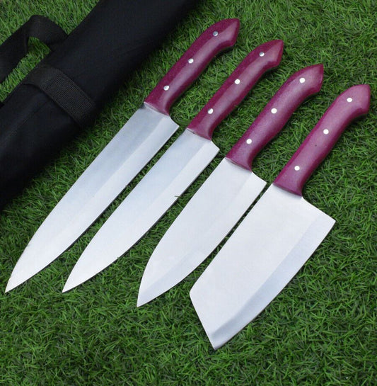 4-Piece Handmade J2 Steel Chef Knife Set with Roll Bag
