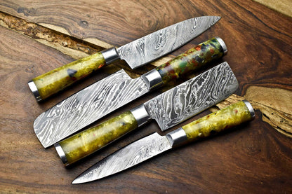 4-Piece Handmade Damascus Steel Chef Knife Set – Professional Kitchen Cooking Knives