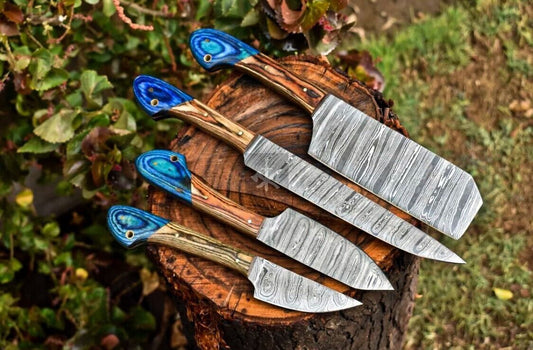 4-Piece Handmade Damascus Steel Chef Knife Set – Twist Pattern, Wood Handle with Leather Sheath