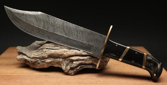 Heritage Forge Damascus Style Bowie and Hunting Knife Set with Bone Look Handle and Leather Sheath