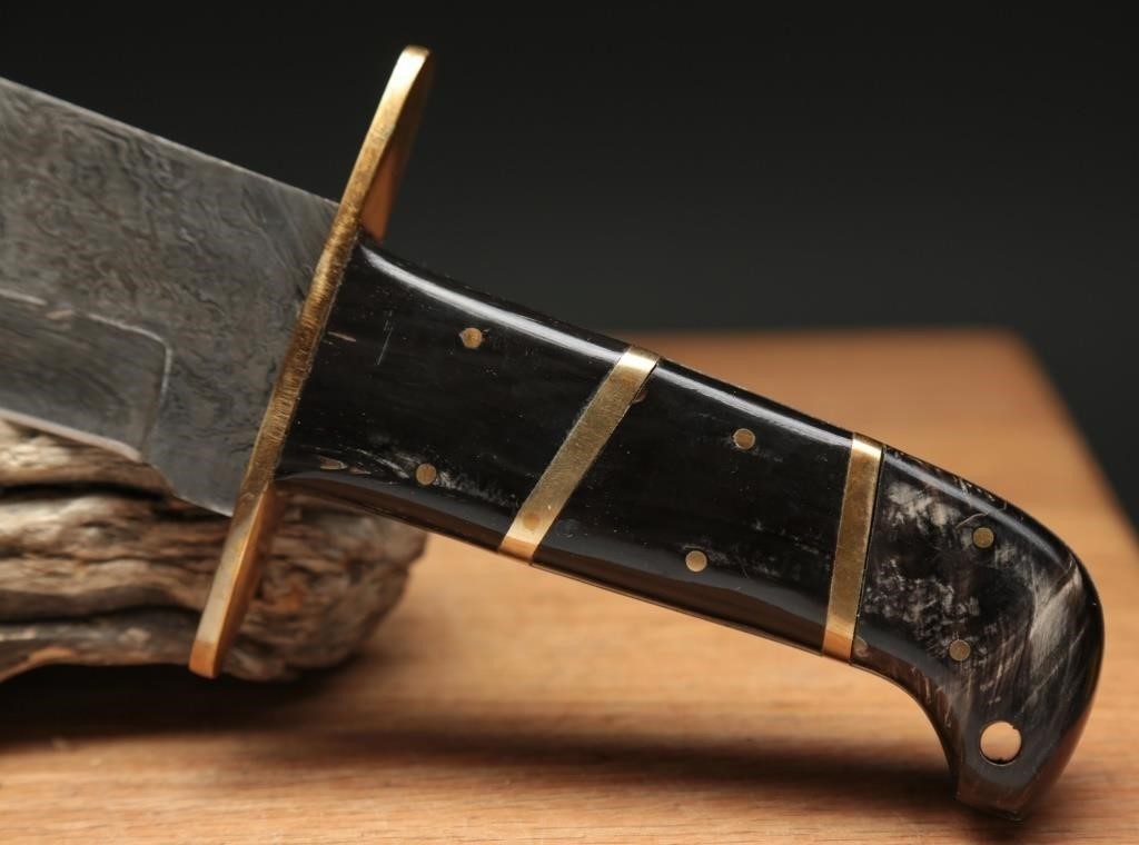 Heritage Forge Damascus Style Bowie and Hunting Knife Set with Bone Look Handle and Leather Sheath