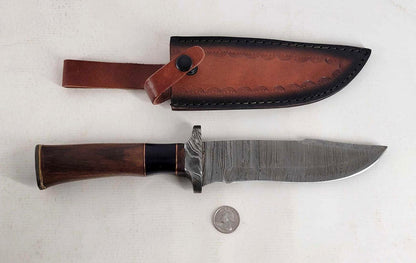 Heritage Forge Damascus Steel Bowie Knife with Wood Handle and Sheath