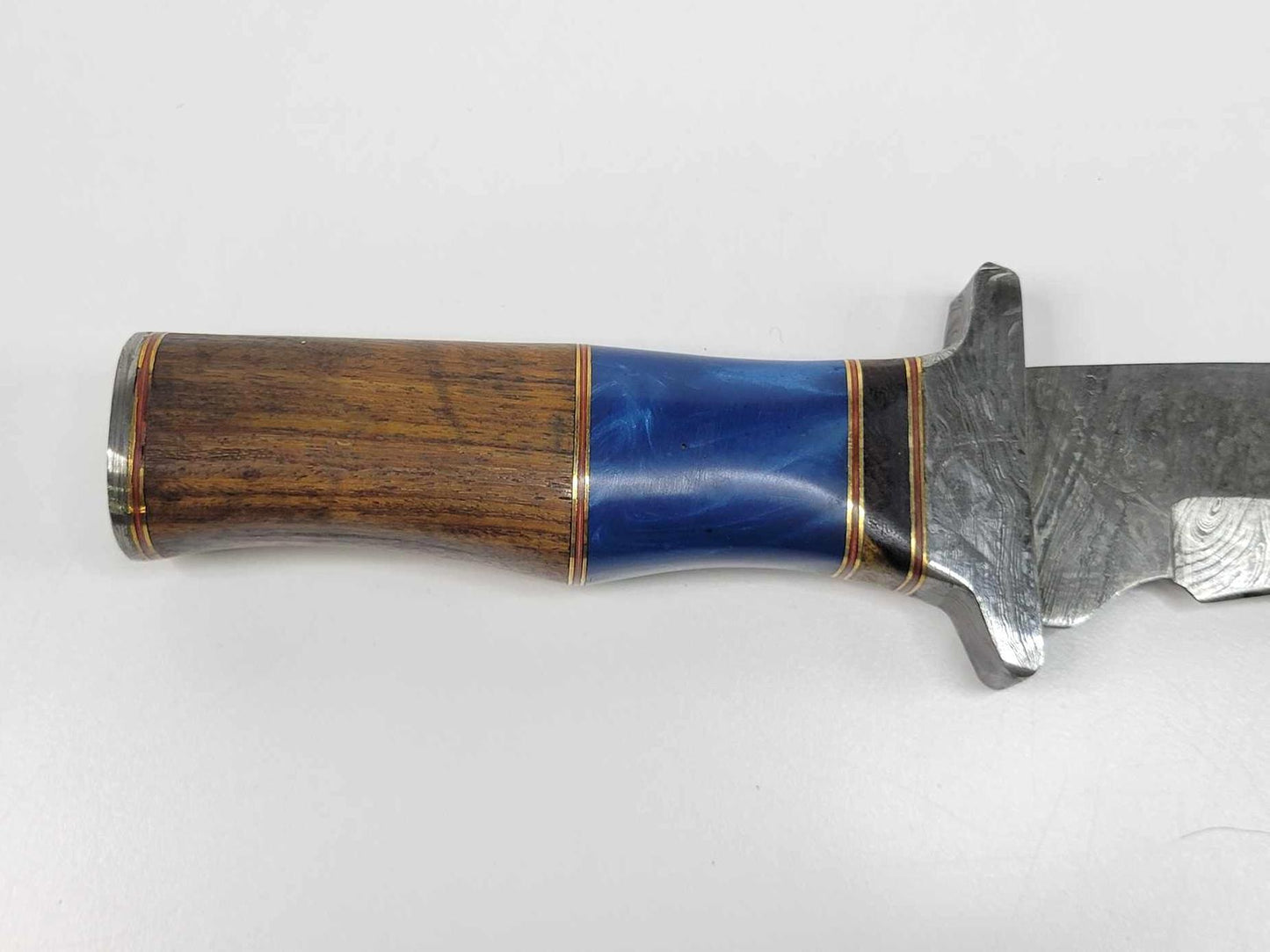 Heritage Forge Damascus Steel Bowie Knife with Wood and Blue Resin Handle