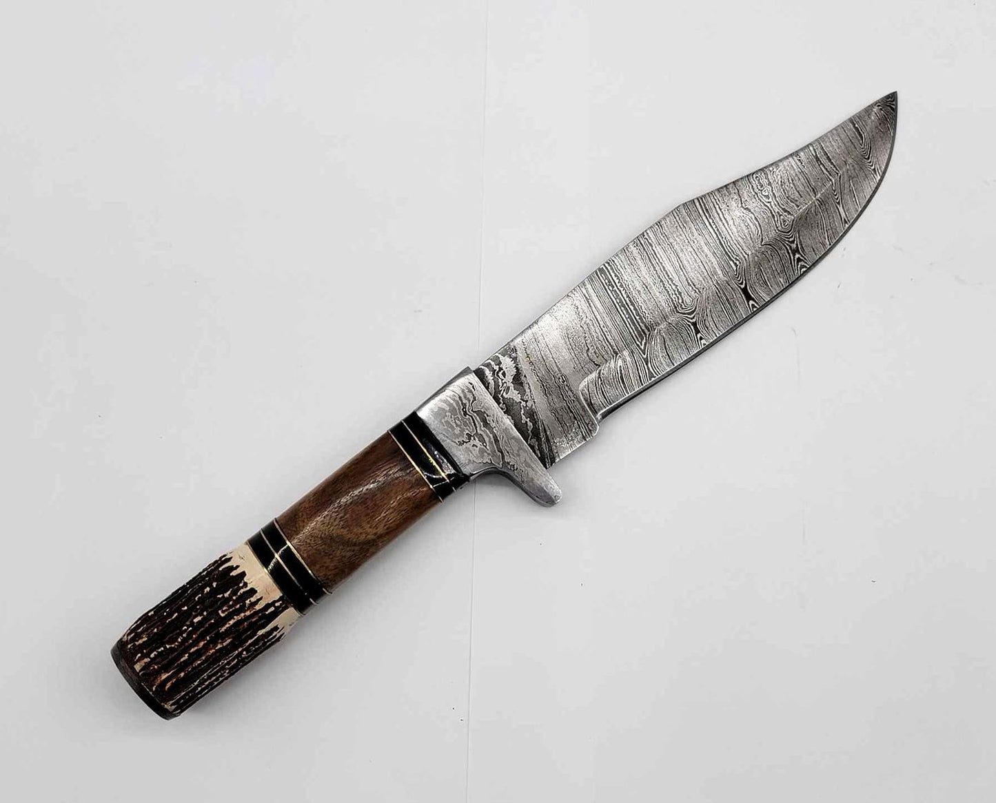 Heritage Forge Damascus Bowie Knife with Antler Handle and Leather Sheath