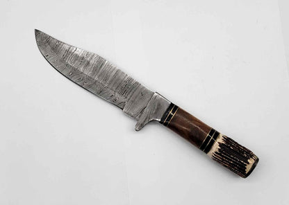 Heritage Forge Damascus Bowie Knife with Antler Handle and Leather Sheath