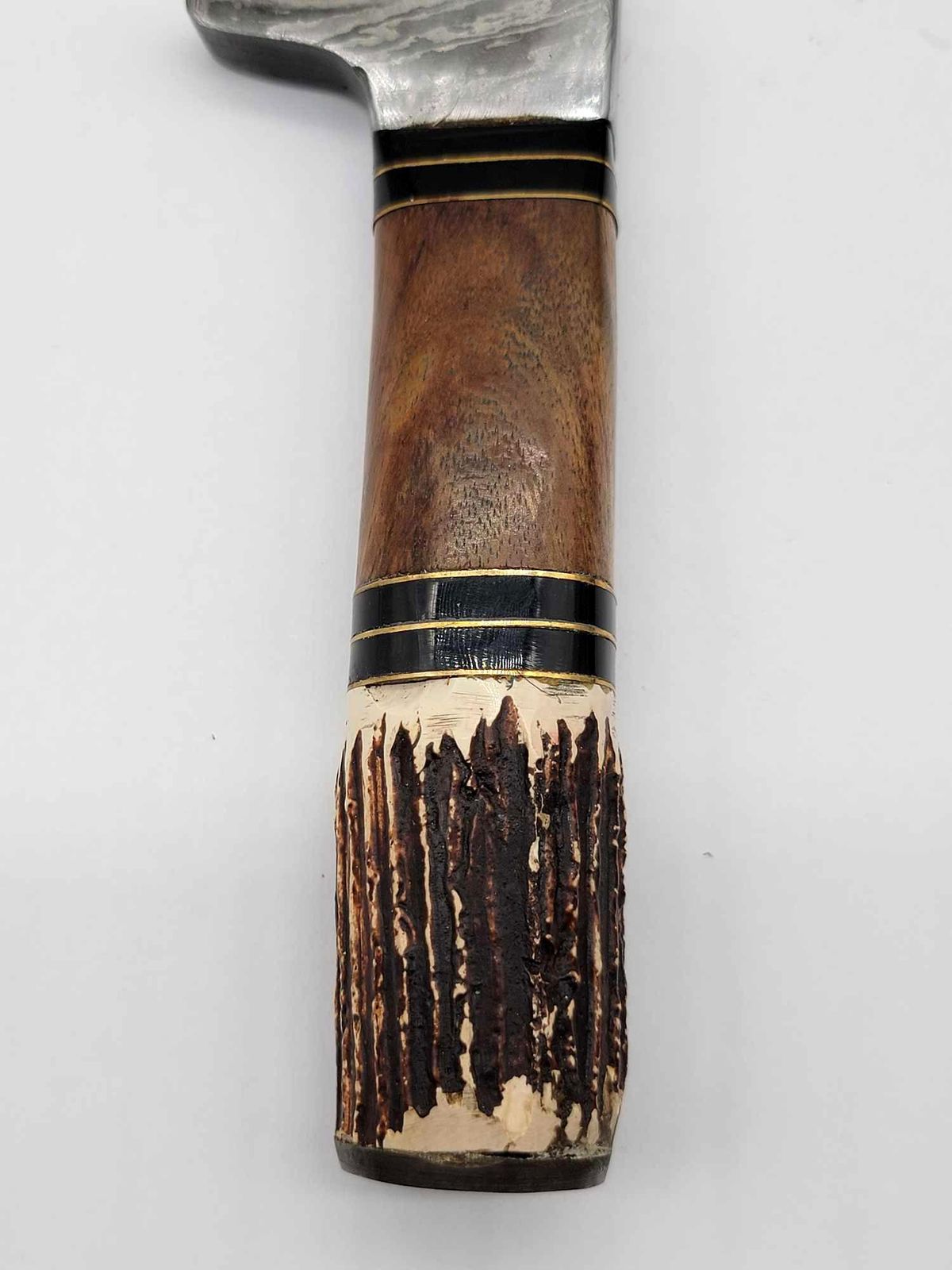 Heritage Forge Damascus Bowie Knife with Antler Handle and Leather Sheath