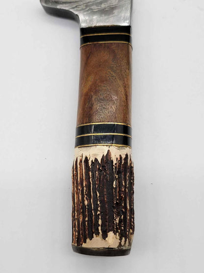 Heritage Forge Damascus Bowie Knife with Antler Handle and Leather Sheath