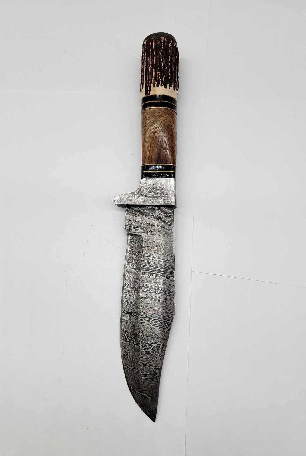 Heritage Forge Damascus Bowie Knife with Antler Handle and Leather Sheath