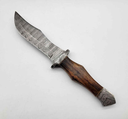 Custom Damascus Bowie Knife – Clip Point Fixed Blade with Wood Handle, Pommel & Leather Sheath | Heritage Forge
