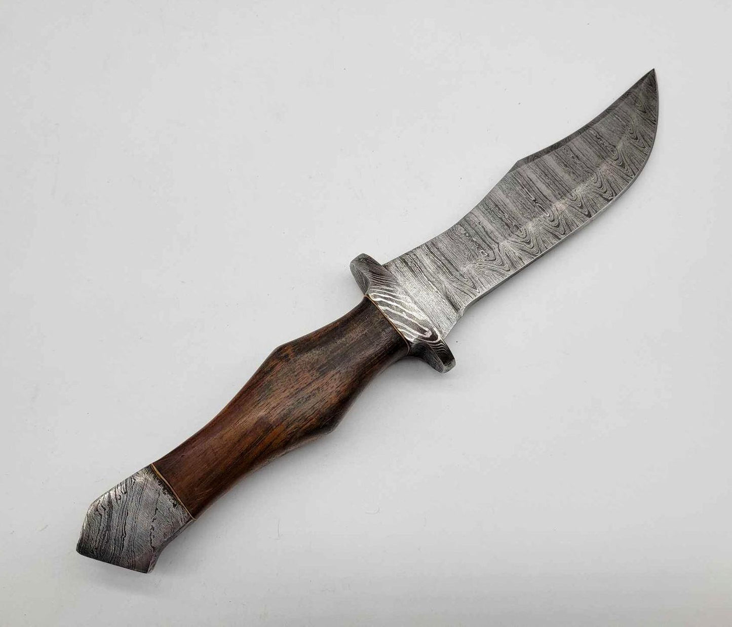 Custom Damascus Bowie Knife – Clip Point Fixed Blade with Wood Handle, Pommel & Leather Sheath | Heritage Forge