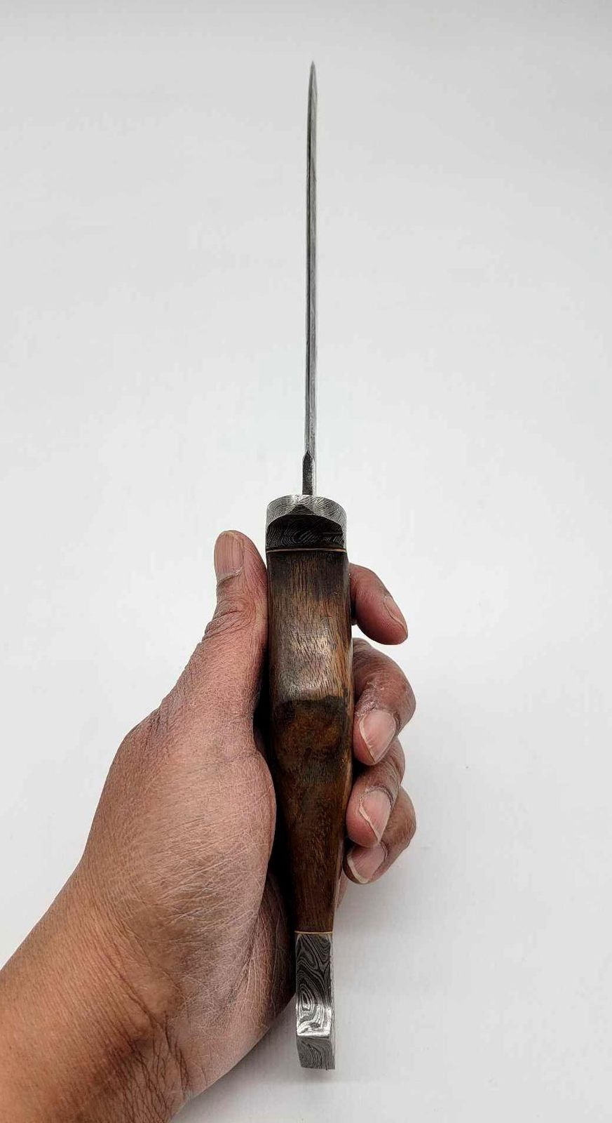 Custom Damascus Bowie Knife – Clip Point Fixed Blade with Wood Handle, Pommel & Leather Sheath | Heritage Forge