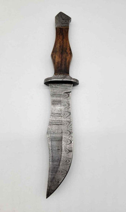 Custom Damascus Bowie Knife – Clip Point Fixed Blade with Wood Handle, Pommel & Leather Sheath | Heritage Forge