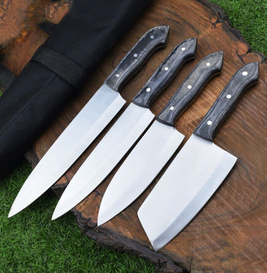4 PCS Handmade J2 Steel Chef Knife Set with Roll Bag – Kitchen Use