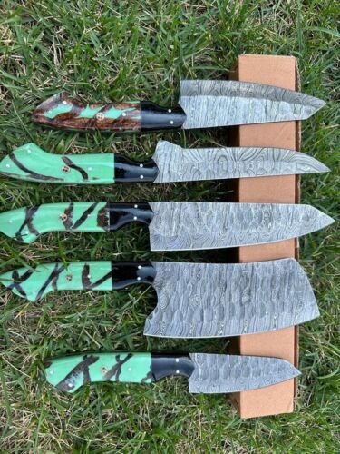 5-Piece Handmade Damascus Steel Chef Knife Set – Full Tang, Wood Handle 