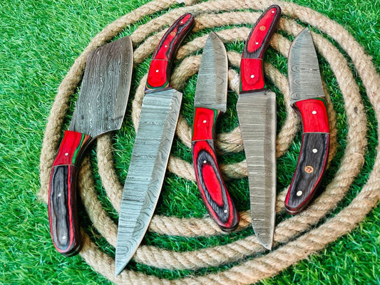 5-Piece Custom Handmade Damascus Steel Chef Knife Set with Leather Bag