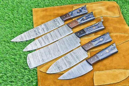 5-Piece Custom Handmade Damascus Steel Chef Knife Set with Wood Handles & Sheath