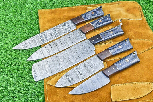 5-Piece Custom Handmade Damascus Steel Chef Knife Set with Wood Handles & Sheath