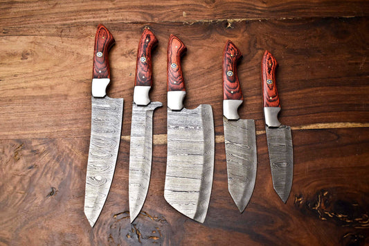 5-Piece Custom Handmade Hammered Damascus Steel Chef Knife Set with Forged Blades
