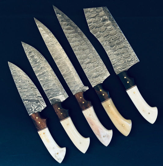 5-Piece Fire Storm Damascus Steel Chef Knife Set – Handmade Kitchen Knives