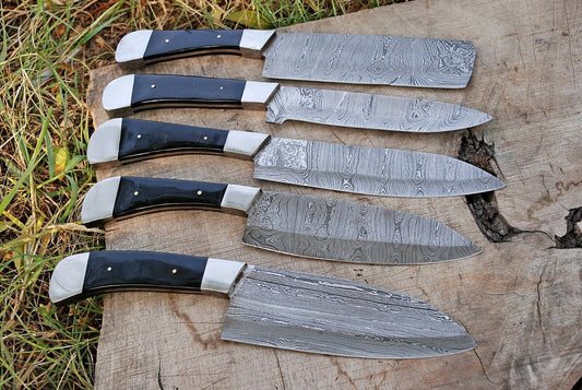 5-Piece Hand Forged Damascus Steel Chef Kitchen Knife Set with Buffalo Horn Handles & Leather Sheaths