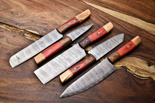5-Piece Handmade Damascus Steel Chef Knife Set – Professional Kitchen Collection









