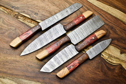 5-Piece Handmade Damascus Steel Chef Knife Set – Professional Kitchen Cutlery