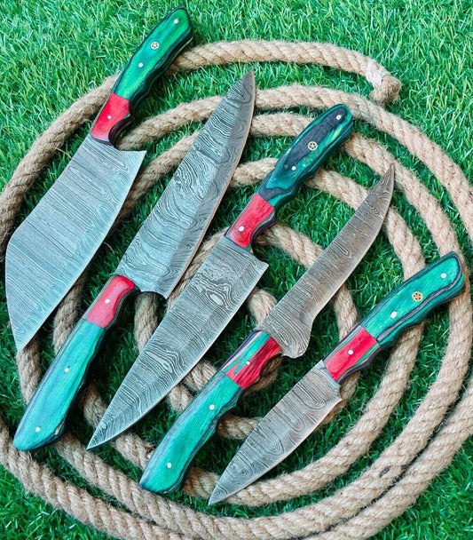 5-Piece Handmade Damascus Steel Chef Knife Set with Leather Bag