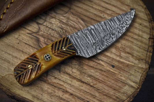 5.0 Inch Bone Handle Skinner Knife Twist Damascus Compact Hunting Blade