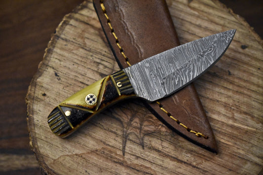 5.0 Inch Twist Damascus Skinner Knife Bone Handle Compact Hunting Blade