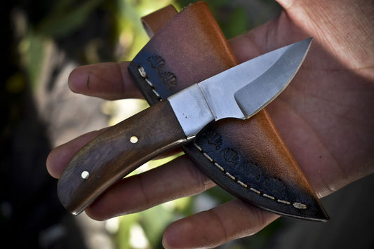 5.5" AUS-8 Steel Skinner Knife with Walnut Wood Handle & Steel Bolster Leather Sheath