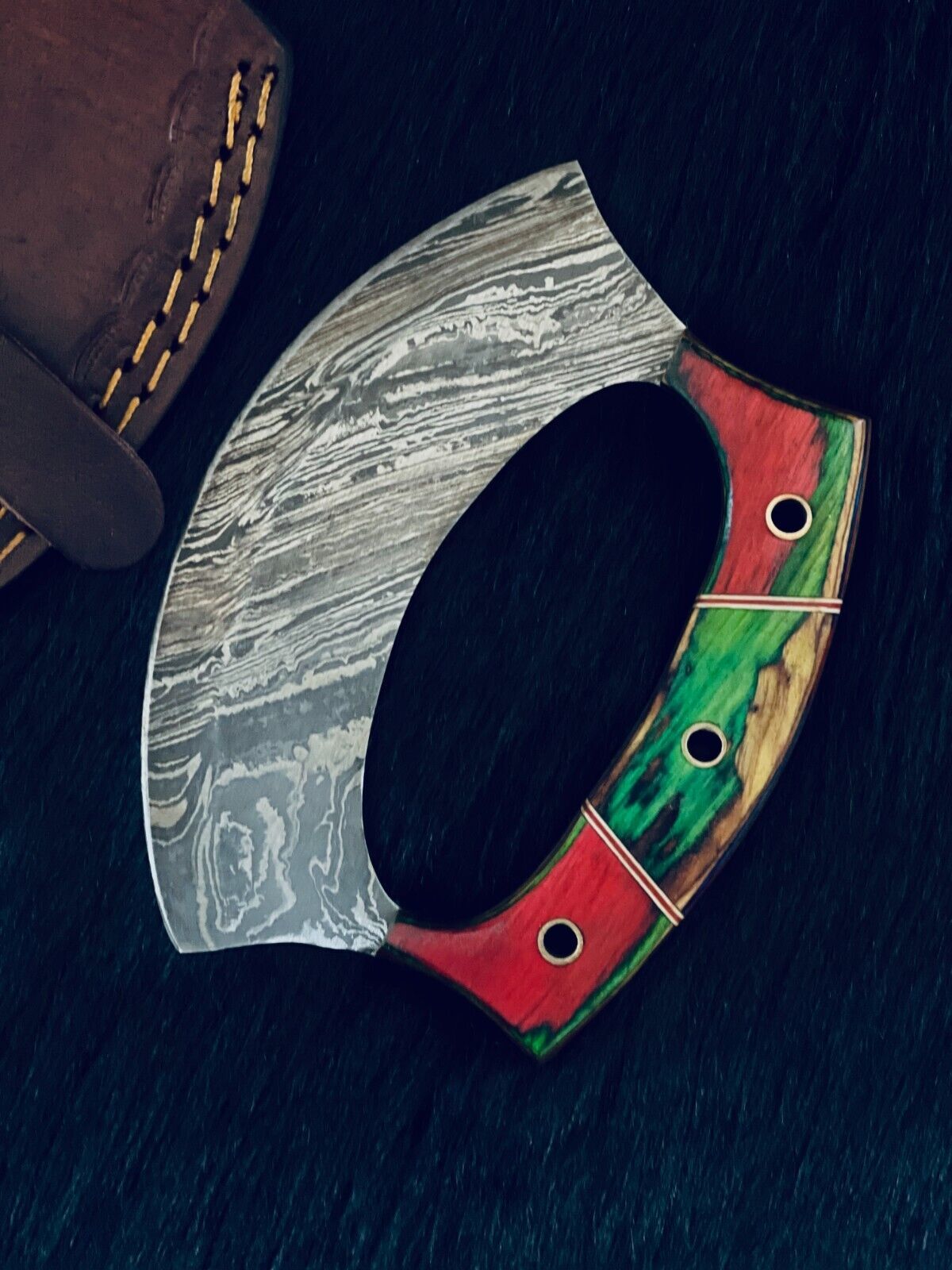5.5" Custom Handmade Twist Damascus Ulu Bowie Knife – Camel Bone & Wood Handle