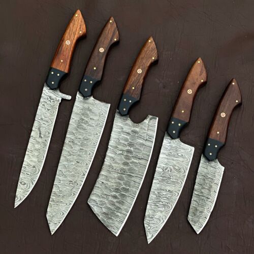 5PCS Handmade Damascus Steel Kitchen Knife Set w/ Leather Bag | Heritage Forge Chef Bowie Knives