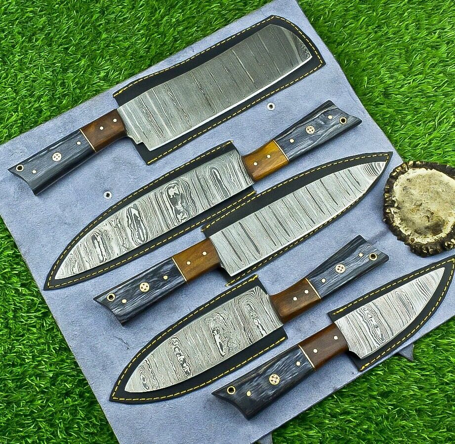 5 PCS Custom Handmade Damascus Steel Chef Knife Set Wood Handle 