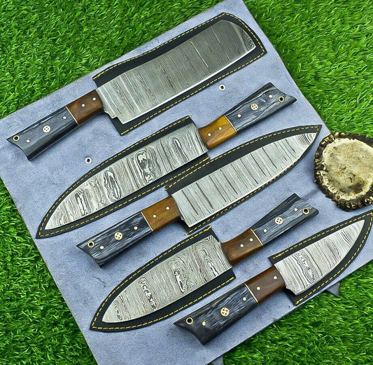 5 PCS Custom Handmade Damascus Steel Chef Knife Set Wood Handle 