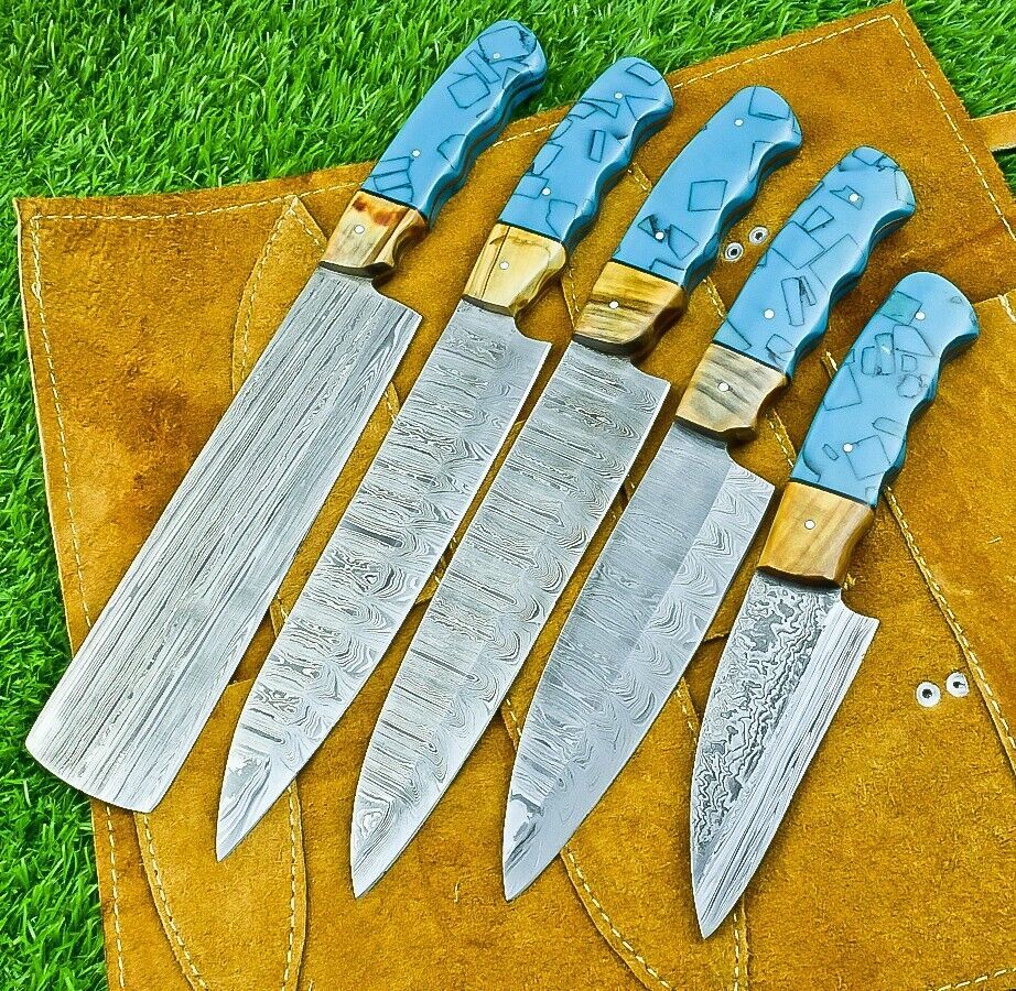 5 PCS Custom Handmade Damascus Steel Chef Knife Set Wood Handle w/ Sheath
