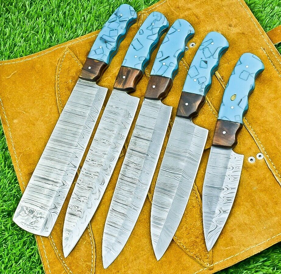 5 PCS Custom Handmade Damascus Steel Chef Knife Set with Wood Handles