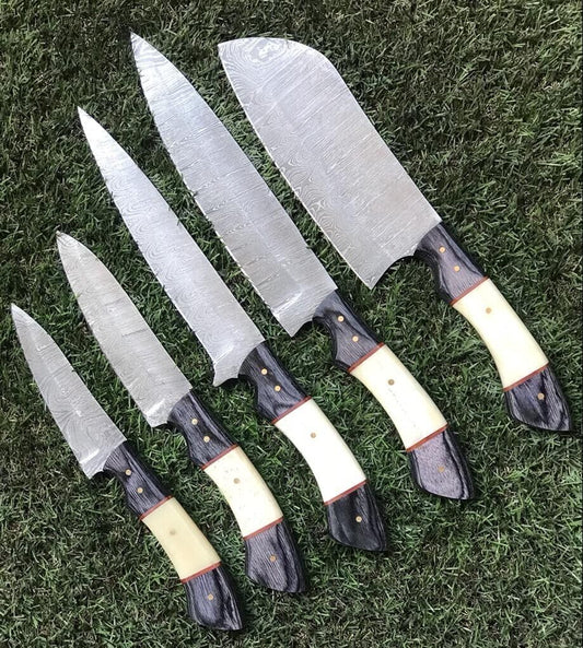 5 Pcs Custom Hand Forged Damascus Steel Kitchen Chef Set