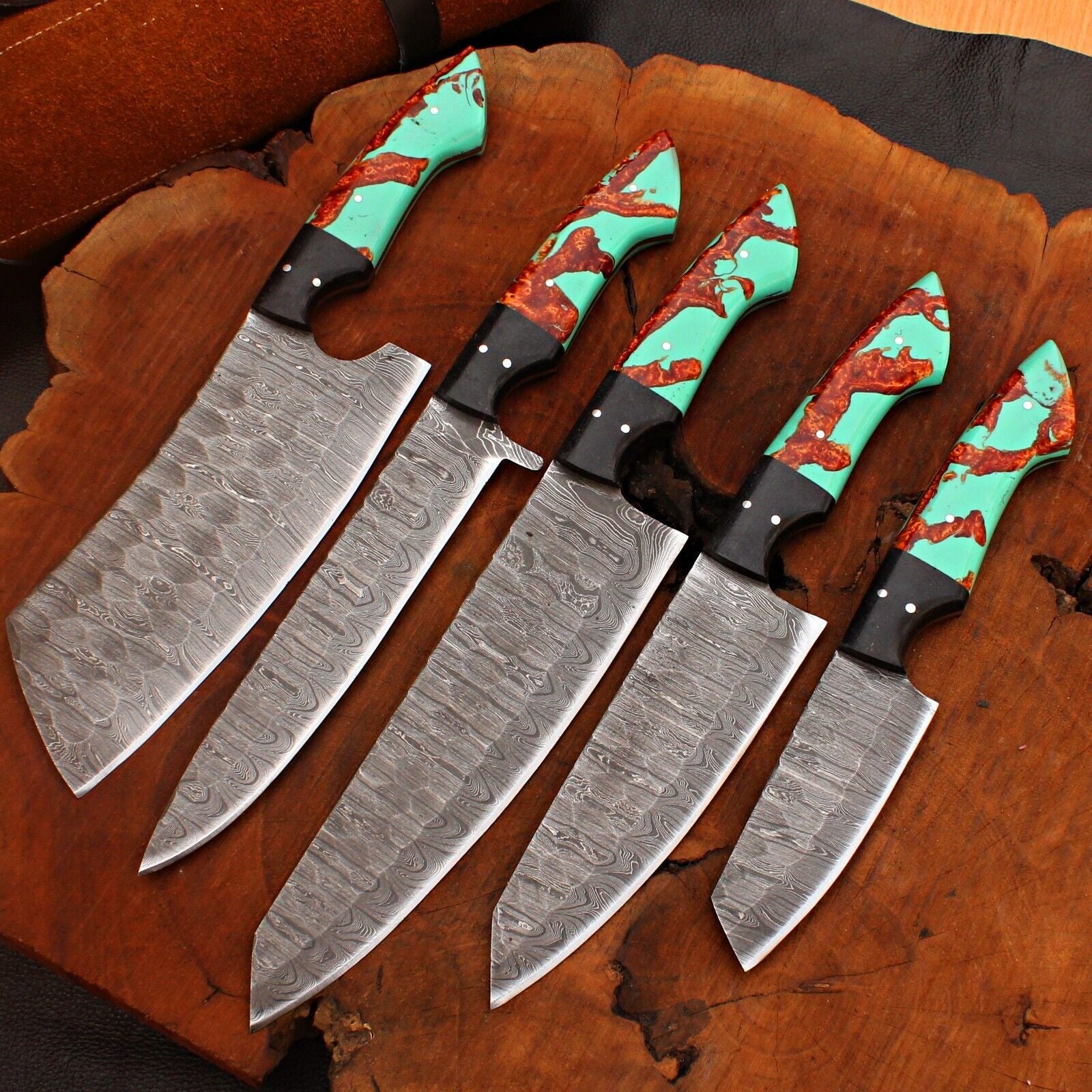 5pcs Custom Handmade Damascus Chef Knife Set – Forged Steel Kitchen Knives with Sheath