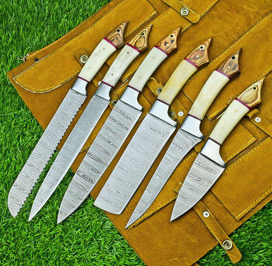 6-Piece Custom Handmade Damascus Steel Chef Knife Set with Leather Roll